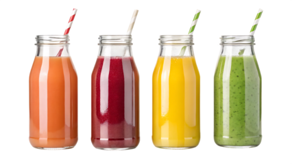 Glass bottles of squeezed juice isolated on white background PNG. AI GENERATED