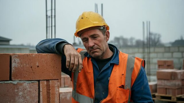 construction worker depressed expression with building background