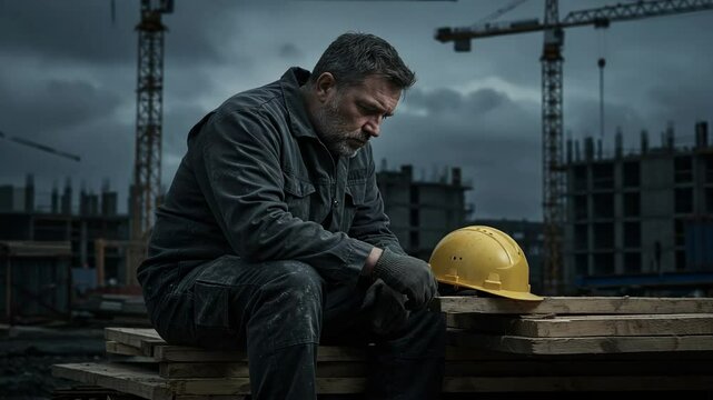 construction worker depressed expression with building background