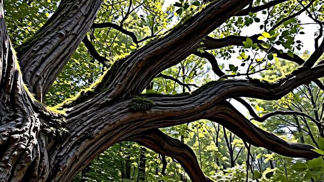 majestic tree thick gnarled branches that twist curve gracefully through forest tree's bark rugged textured patches moss adding touch greenery otherwise dark surface Sunlight filters through.