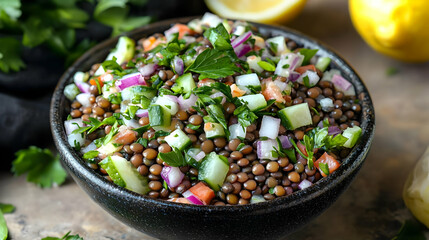Lentil salad with fresh vegetables. A hearty bowl of lentils mixed with diced cucumber, red onion, and tomato. Garnished with fresh parsley