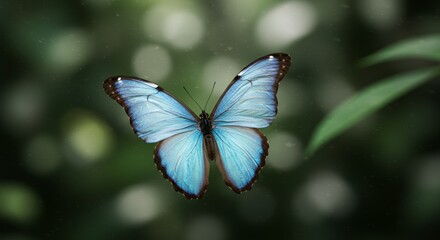 Iridescent Blue Morpho Butterfly in Flight over Green Foliage with Shimmering Wings and Bokeh Background for Nature and Conservation Themed Concepts