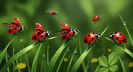 Fototapeta premium Ladybugs on Lush Green Grass with Water Droplets Illustration Close Up of Red and Black Insects Perfect for Spring and Nature Themes in a Vibrant and Detailed Scene