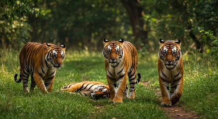 Obraz premium Majestic Bengal Tiger Pride Poses Dynamically in Lush Green Forest One Stalks Another Lounges One Guards and One Walks Directly Towards Viewer
