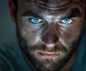 Obraz premium Haunting Portrait of Blue-Eyed Man with Phone Blue Light on Face - Symbolizing Smartphone Addiction, Nomophobia and Digital Dependency