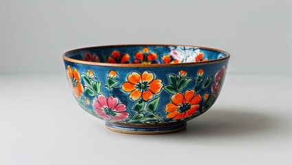 Admire a hand-painted blue ceramic bowl with vibrant floral designs, perfect for unique tableware, colorful kitchen decor, and artisan home accents in 2025 interior trends.