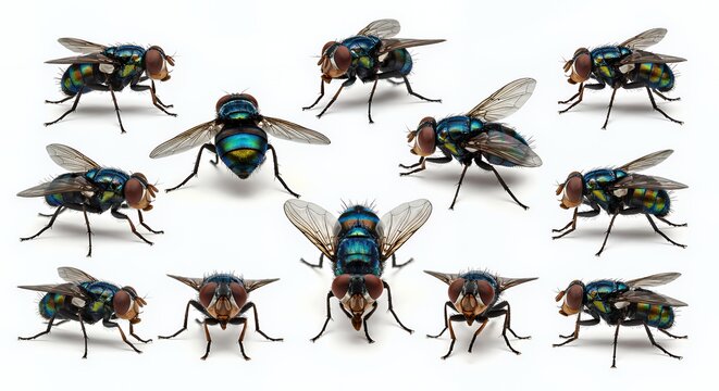 Multiple Iridescent Bluebottle Flies Isolated Against White Background Showing Variety of Angles