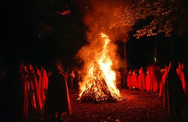 A photo depicts a scene of fire and flames in the dark, surrounded by people wearing red cloaks,