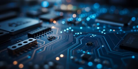 Close-up Detailed View of a Circuit Board with Glowing Components and Traces