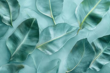 Obraz premium Teal textured background adorned with various tropical leaves.