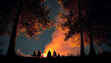 A photo of a group gathered around a campfire under a starry sky, with the silhouettes of trees in