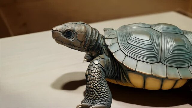 Detailed close-up of a decorative bronze turtle figurine with a textured shell and reflective eye on a neutral background