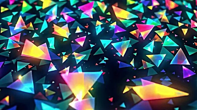 vibrant colorful array geometric shapes predominantly triangles arranged seemingly random pattern triangles vary size color creating dynamic visually engaging composition background dark which.