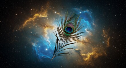 Pixelated Peacock Feather Against a Colorful Space Nebula Background Featuring Iridescent Textures and Geometric Pixel Style Design