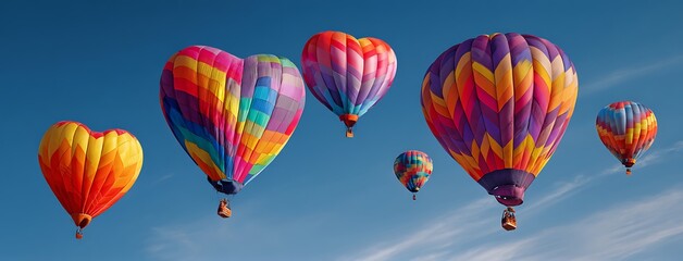 Fototapeta premium Colorful Heart Shaped Hot Air Balloons Soaring in a Blue Sky