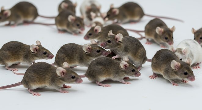 Playful Lab Mice of Varying Colors Scurrying Across a White Lab Floor in Bright Studio Lighting with Focus on Movement and Interaction Among the Small Rodents