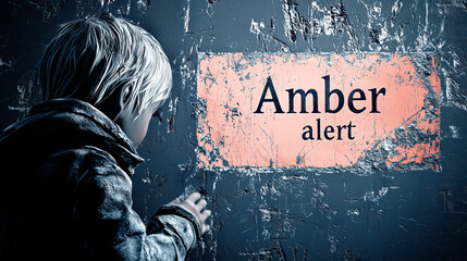Child looking at an Amber alert warning sign posted on a dark, distressed urban wall