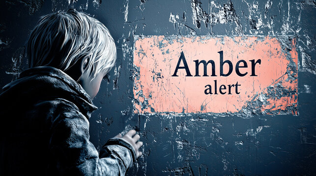 Child looking at an Amber alert warning sign posted on a dark, distressed urban wall