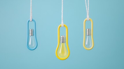 Three hanging lightbulbs, ideas, blue background, innovation concept