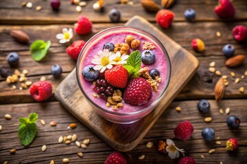 Delicious Creamy Berry Smoothie Bowl with Toppings - Aerial View