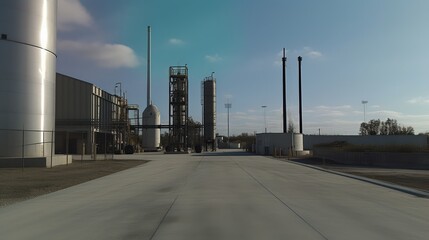 Industrial facility showcasing modern architecture and equipment with clear blue sky and industrial elements