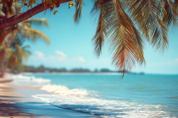 Fototapeta premium Tropical Beach Scene with Palm Tree Branches and Ocean View