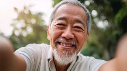 A joyful senior man with gray hair and a beard smiles broadly at the camera while taking a selfie outdoors. He is enjoying a sunny day in a lush green park setting, radiating happiness