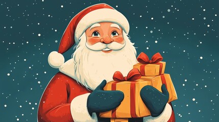 Jolly holiday character in classic red and white ensemble holding gift