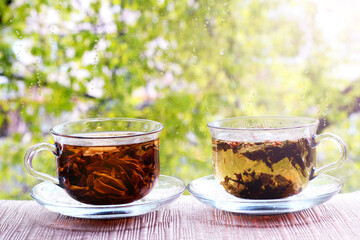 Two cups of herbal tea on natural summer background
