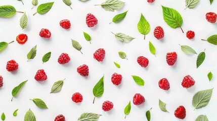 Raspberries adorned with leaves are presented in isolation on a pristine white background. This visually appealing sight, perhaps crafted with generative AI, showcases the natural beauty and freshness
