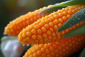 Fresh and juicy corn on the cob with bright yellow kernels and water droplets