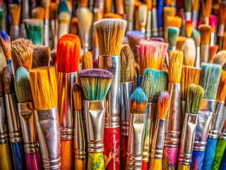 Fototapeta premium Diverse Artist Paintbrushes Artfully Arranged, Showing Bristle Colors and Textures