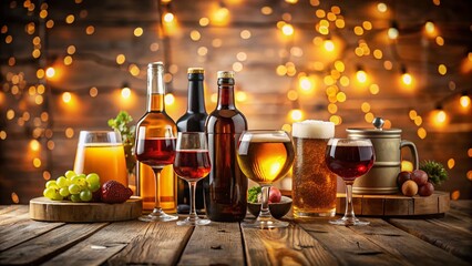 Diverse Alcoholic Drinks Selection on Rustic Wooden Table - Stock Photo