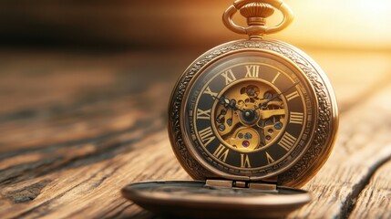 Vintage Pocket Watch with Intricate Mechanism on Wooden Table