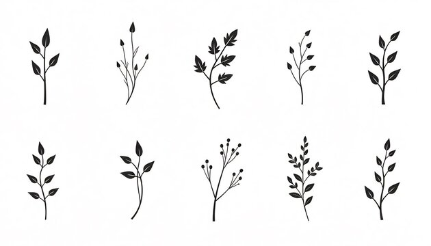 Set Of Minimalist Black And White Branch And Leaf Illustrations For Design