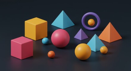 Colorful 3D Geometric Shapes on Dark Background