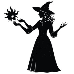 Silhouette of a Witch with Starry Dress and Pointed Hat Casting Magic Spell