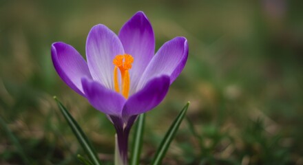 Fototapeta premium Purple Crocus Flower Blooming in Spring Grass