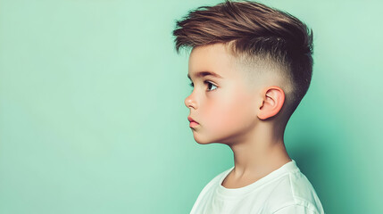 Side profile of a boy with stylish haircut.  Child wearing a white t-shirt against a mint green background.  Expressions and haircut details are the focus of the image