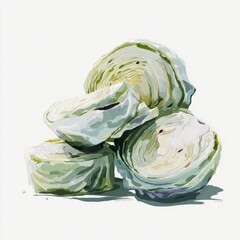 Fototapeta premium Abstract Cabbage Still Life - Fresh Green Vegetable Art Illustration on White Background - Modern Kitchen Decor, Healthy Eating Concept