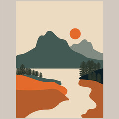 Minimalist Mountain Lake Sunset Scene with Autumn Colors