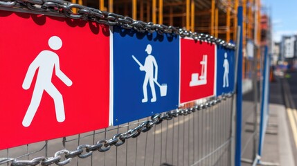 Construction site safety signs indicating pedestrian access and work in progress