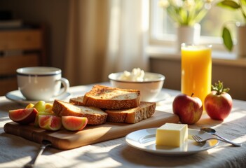 Delicious breakfast spread with toast, apples, butter, and fresh juice