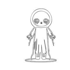 Whimsical illustration of a stylized, friendly ghostly figure with big, playful eyes