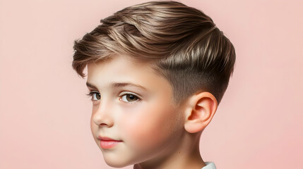 Close-up of a boy with a stylish, short haircut.  Light brown hair styled with waves,  and a close-cropped  nape.  Pale skin and expressive eyes.  Against a soft, pink backdrop
