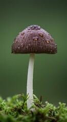 Dark Brown Mushroom with Dew Drops on Green Moss