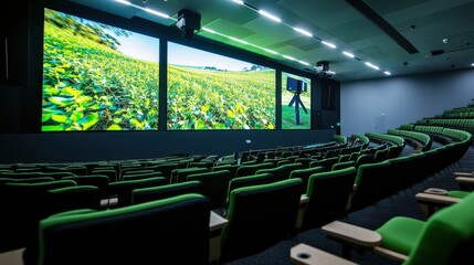 Modern cinema interior showcasing vibrant green fields on large screens with empty seating