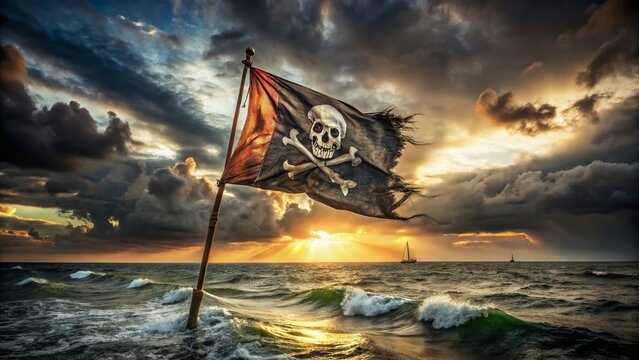 Dramatic Sunset Pirate Flag Stormy Sea - Stock Photo