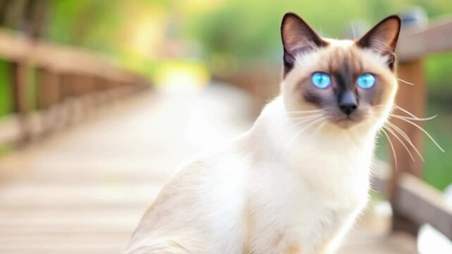 Gato siames cat walking along wooden path in sunny outdoor space