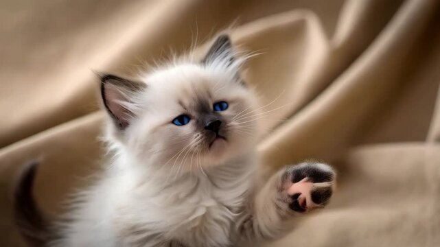 Cute gato siames kitten sitting on sofa with soft beige background